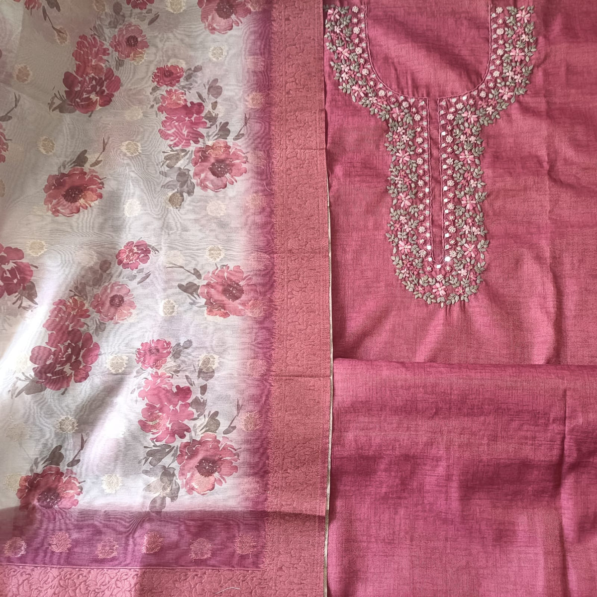 REDDISH PINK - TISSUE LINEN  HANDWORKED SUIT SET