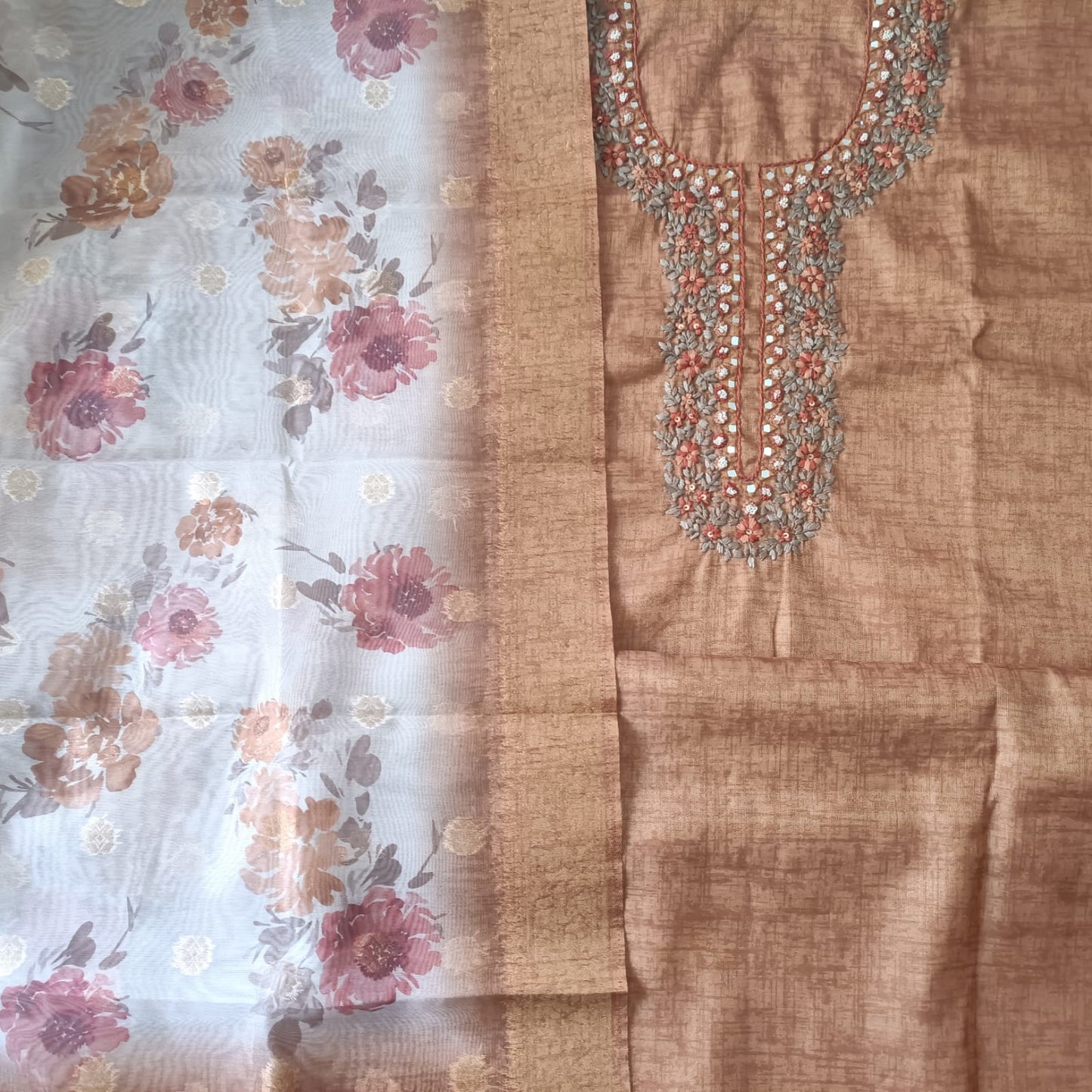 BROWN - TISSUE LINEN  HANDWORKED SUIT SET