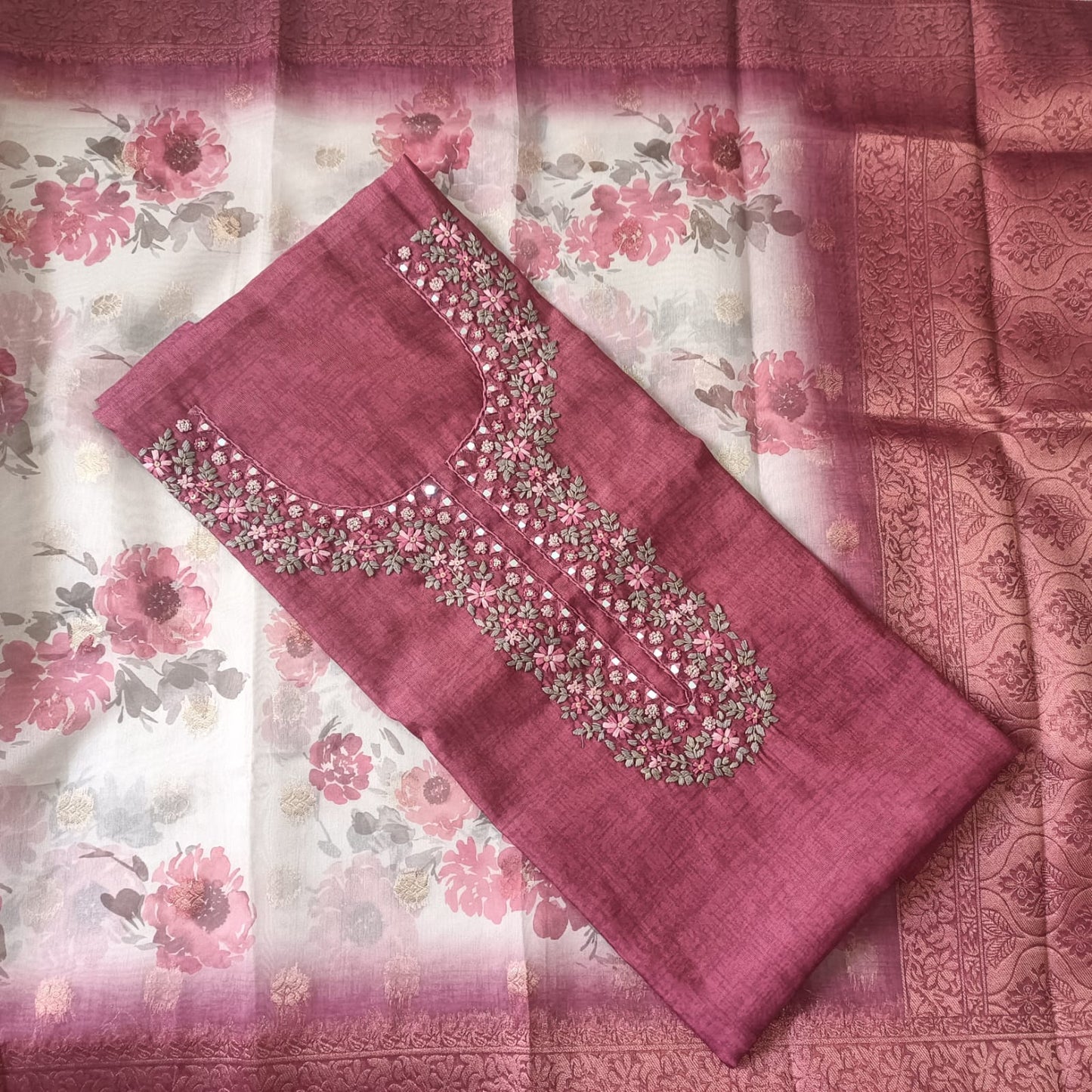 REDDISH PINK - TISSUE LINEN  HANDWORKED SUIT SET