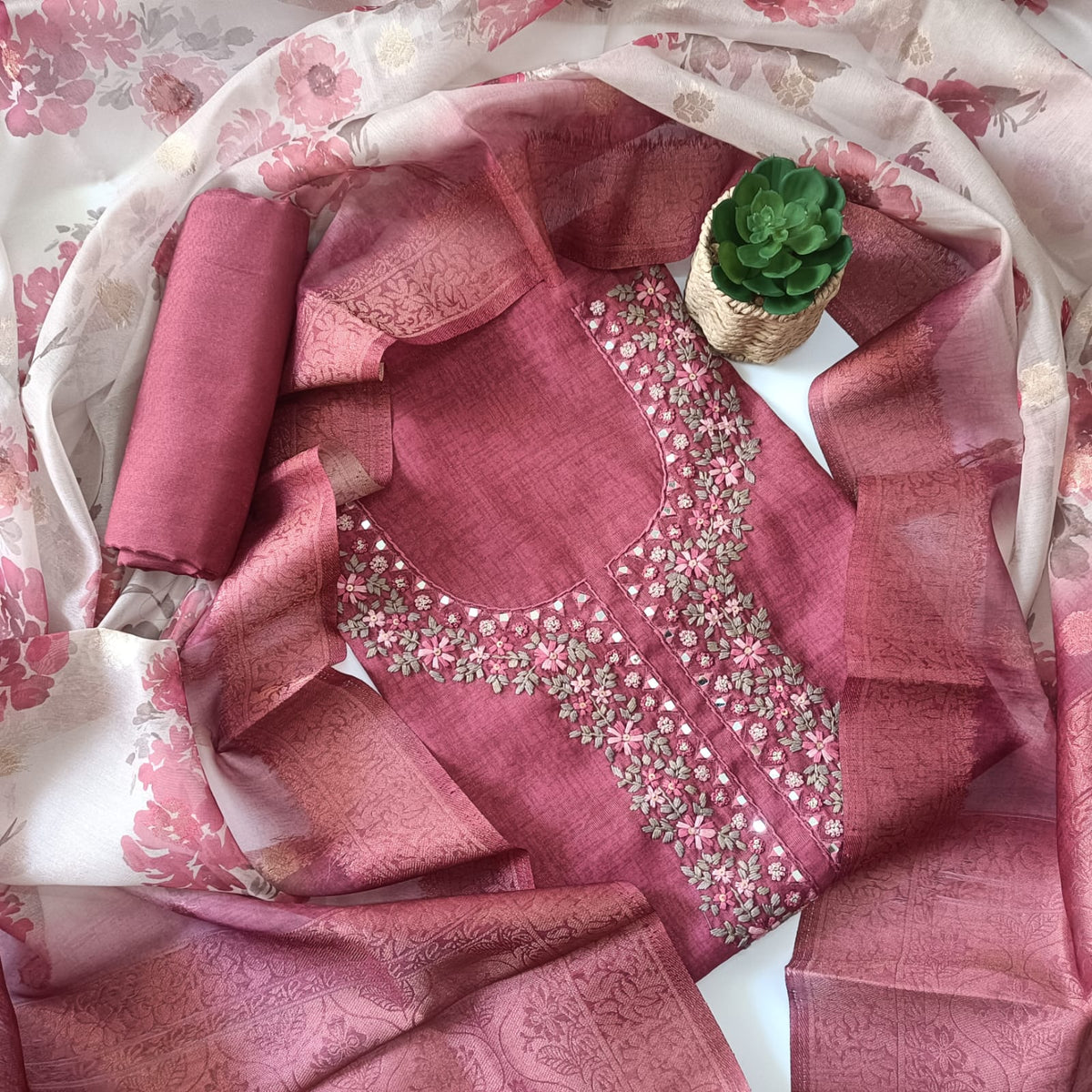 REDDISH PINK - TISSUE LINEN  HANDWORKED SUIT SET