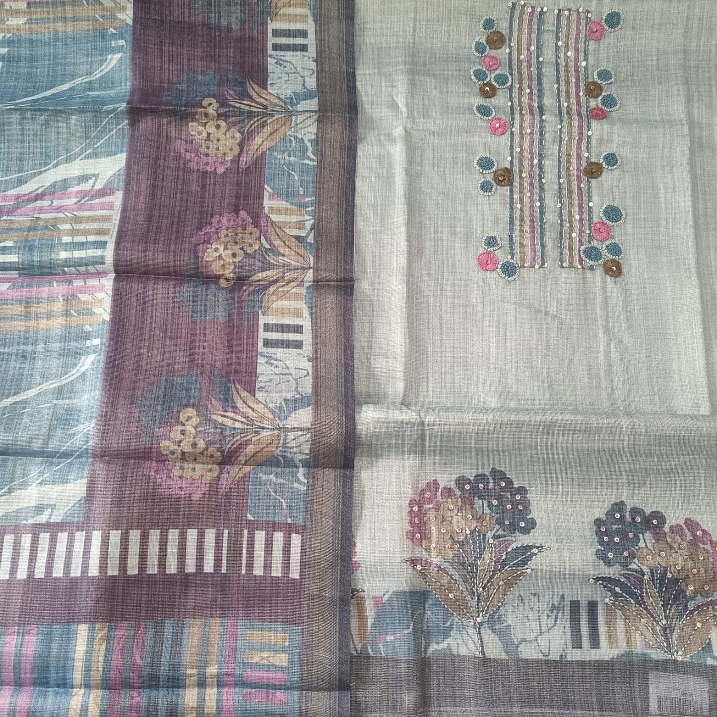 METALLIC BLUE - TISSUE LINEN  HANDWORKED SUIT SET