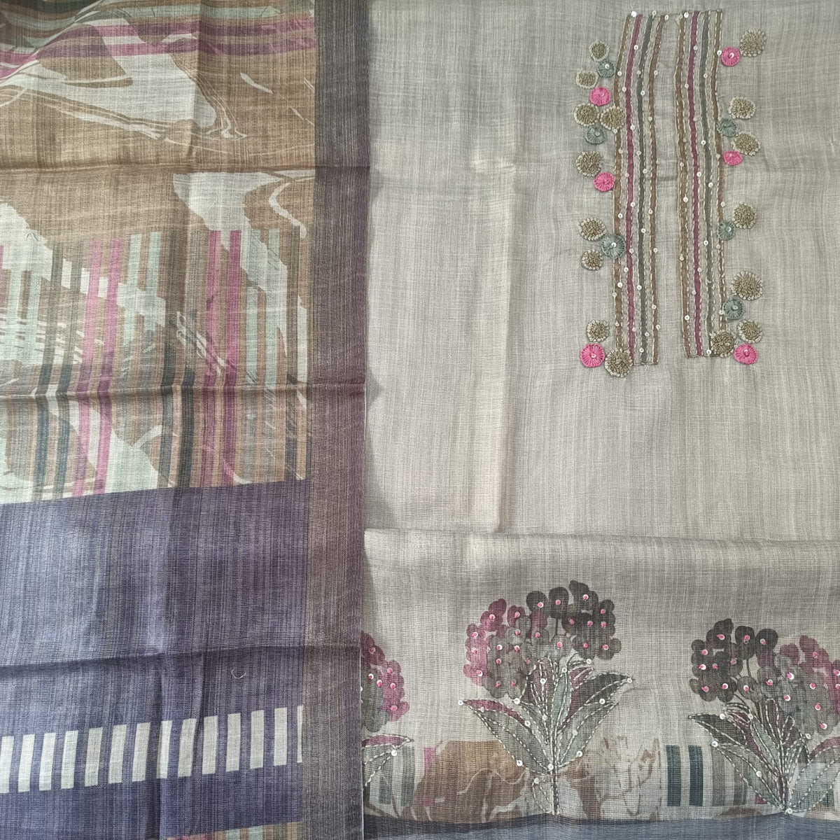 METALLIC BEIGE - TISSUE LINEN  HANDWORKED SUIT SET