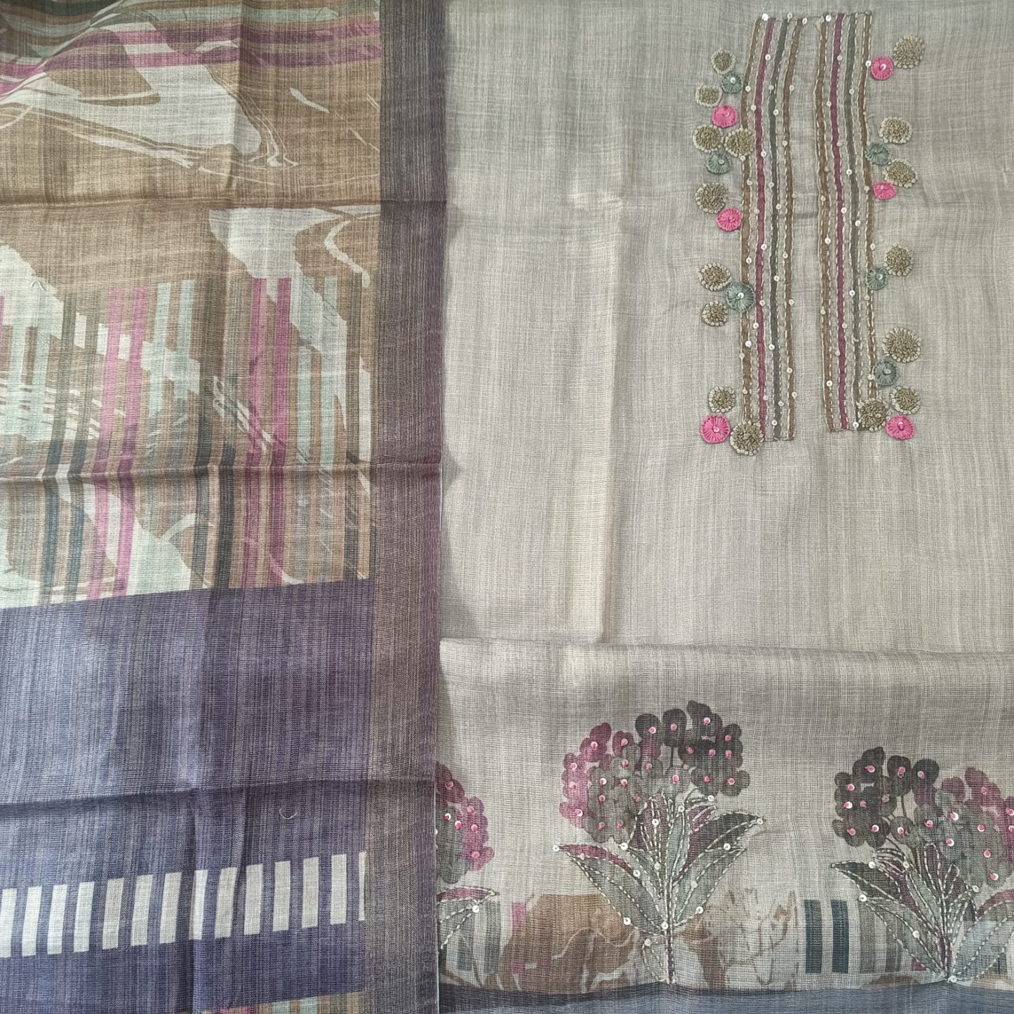 METALLIC BEIGE - TISSUE LINEN  HANDWORKED SUIT SET