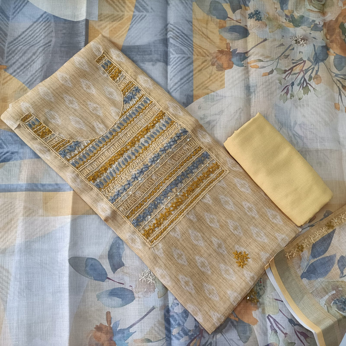 PASTEL YELLOW - TISSUE LINEN  HANDWORKED SUIT SET