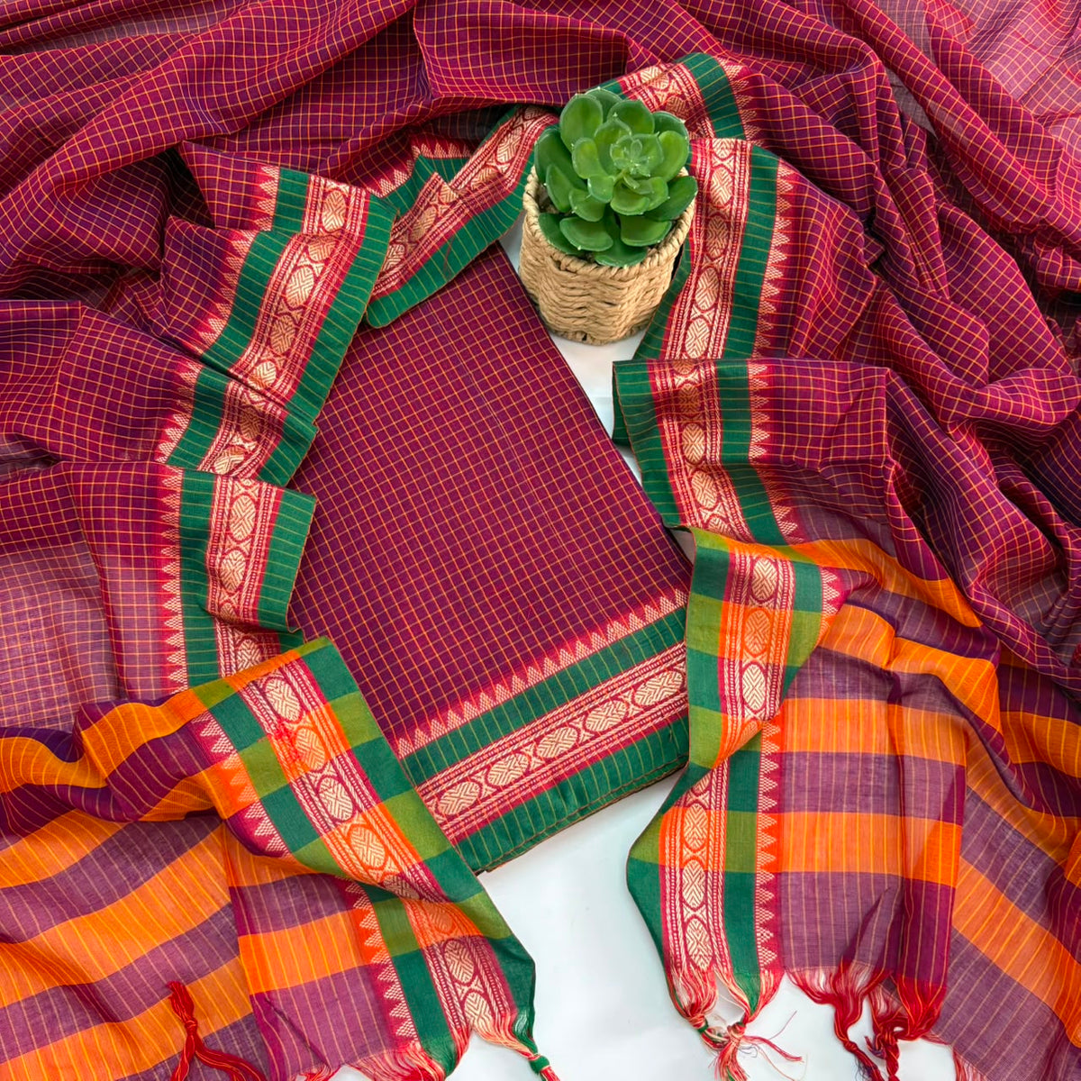 REDDISH PINK - CHECKED NARAYANPET COTTON SUIT SET