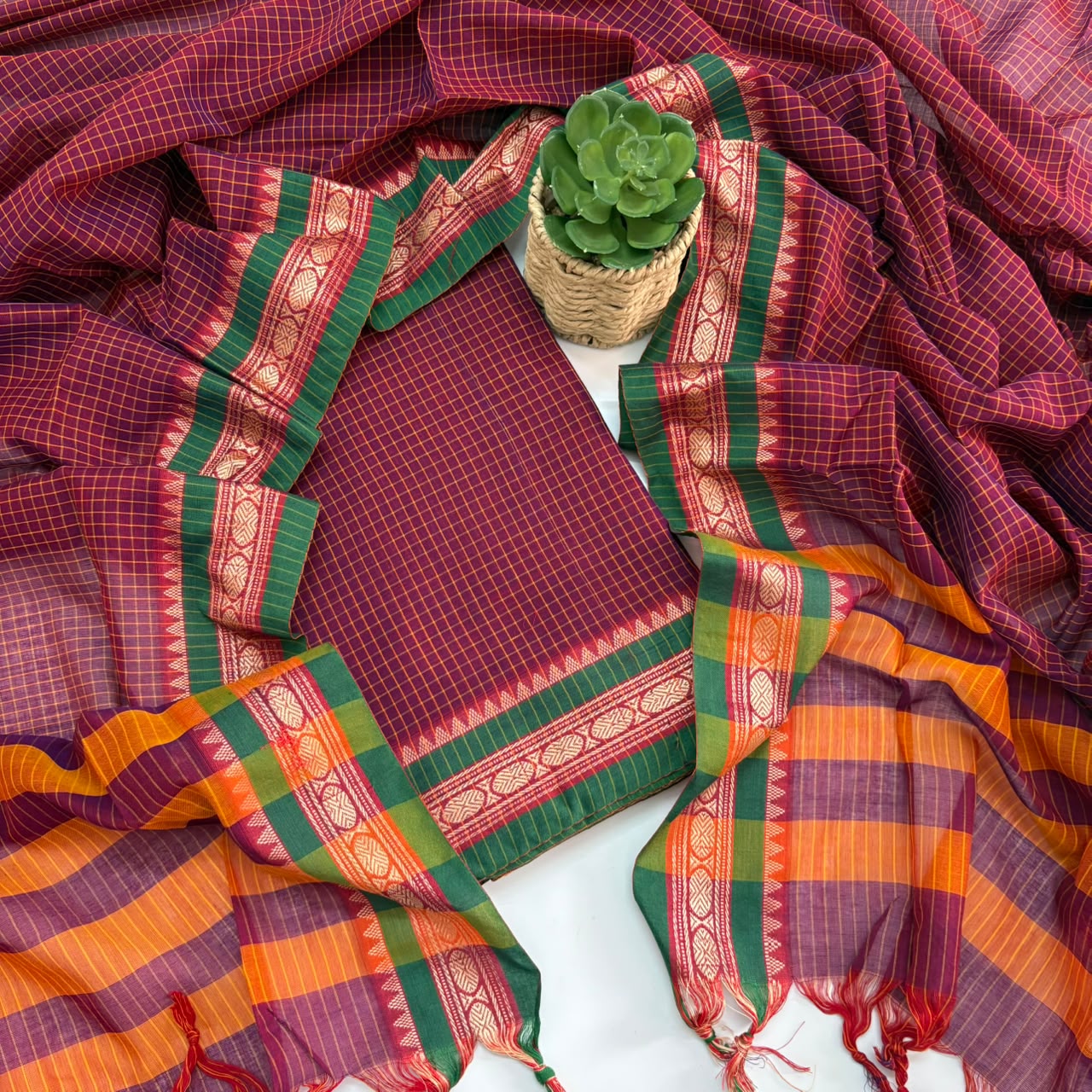 REDDISH PINK - CHECKED NARAYANPET COTTON SUIT SET