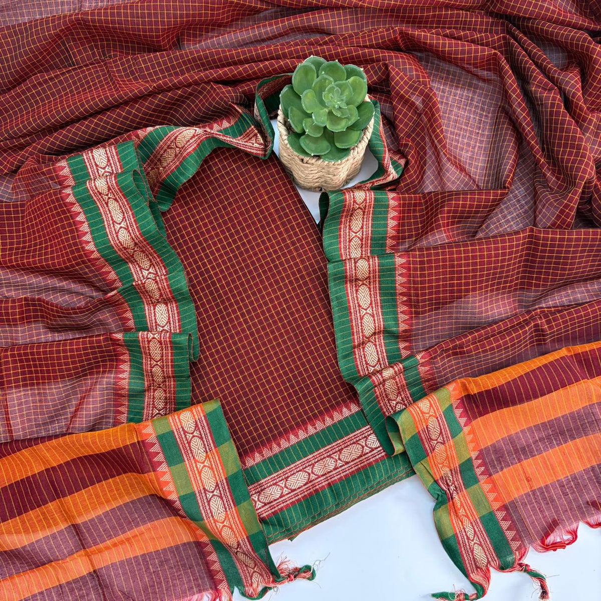 RUST BROWN - CHECKED NARAYANPET COTTON SUIT SET