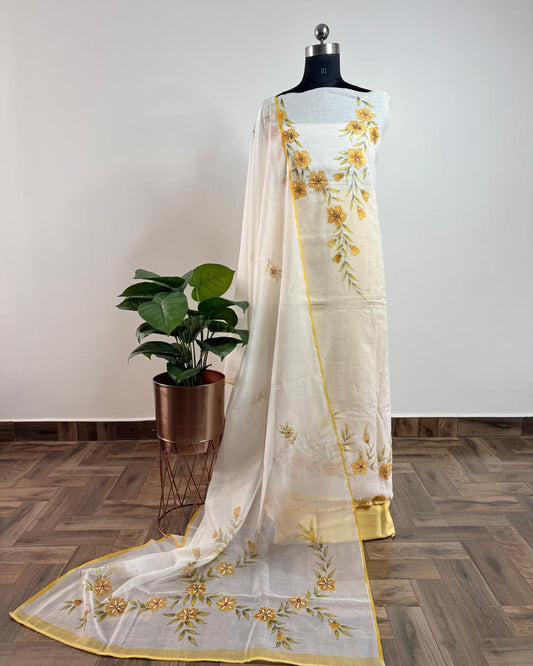OFFWHITE & YELLOW- KOTA HANDPAINTED SUIT SET